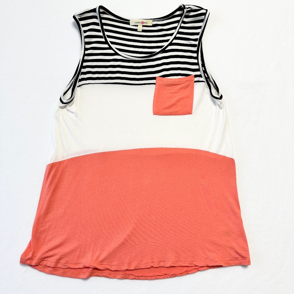 Wishful Park Summer Striped Tank Top Women’s Size Large Black and Coral Pocket